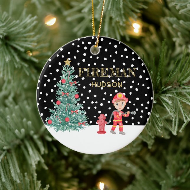 Adorno De Cerámica Personalizado Baby Keepsake Fireman Christmas Tree (Árbol)