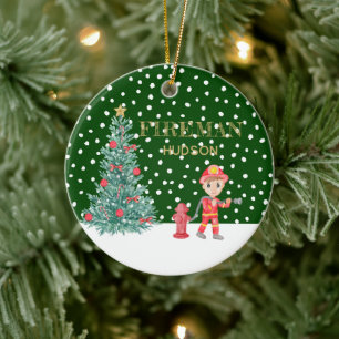 Adorno De Cerámica Personalizado Baby Keepsake Fireman Christmas Tree