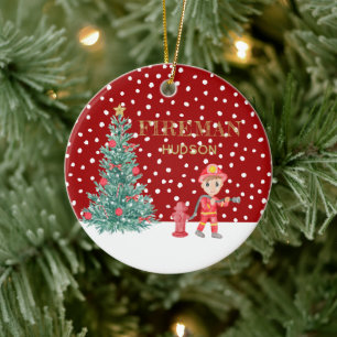Adorno De Cerámica Personalizado Baby Keepsake Fireman Christmas Tree
