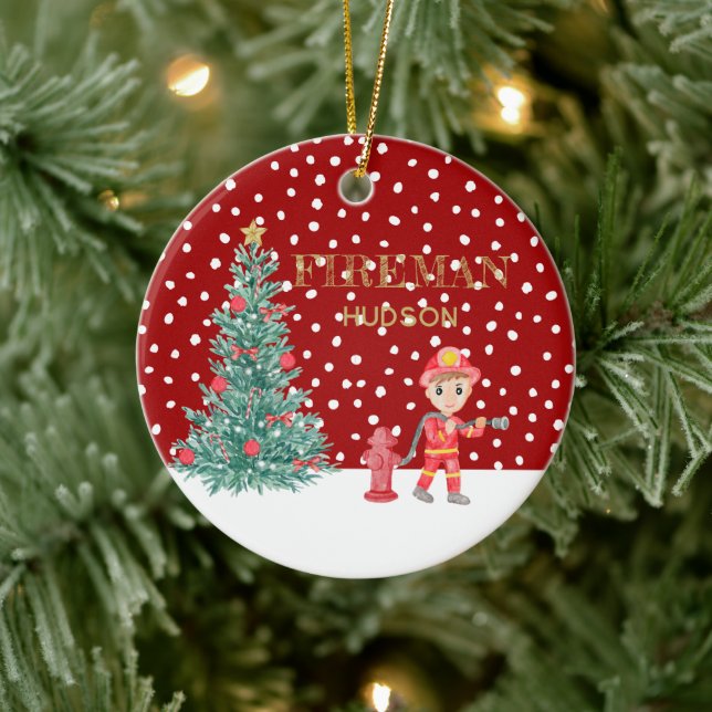 Adorno De Cerámica Personalizado Baby Keepsake Fireman Christmas Tree (Árbol)