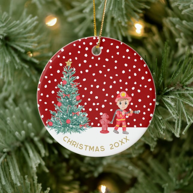 Adorno De Cerámica Personalizado Baby Keepsake Fireman Christmas Tree (Árbol)