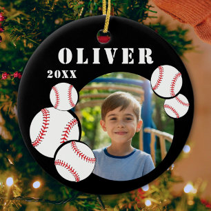 Adorno De Cerámica Personalizado Ball de Béisbol Black Sports Photo
