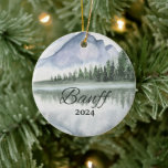 Adorno De Cerámica Personalizado Banff Watercolor Mountain Lake Trees<br><div class="desc">Agradable recuerdo de viaje de montaña occidental personalizable. Personalización: Cambiar título y año para convertirlo en único.</div>