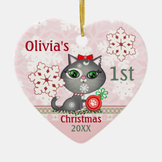 Adorno De Cerámica Personalizado bebé gata primer corazón de Navidad