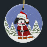 Adorno De Cerámica Personalizado Bernedoodle Santa Dog<br><div class="desc">Festividad Navidades Personalizados Holiday Bernedoodle con garrapatas de doodle efecto Santa y Santa sombrero sosteniendo una lata de caramelo en la boca. Fondo de invierno nevado. Navidades bonitos,  idea de regalo para los amantes de la berenjena.</div>