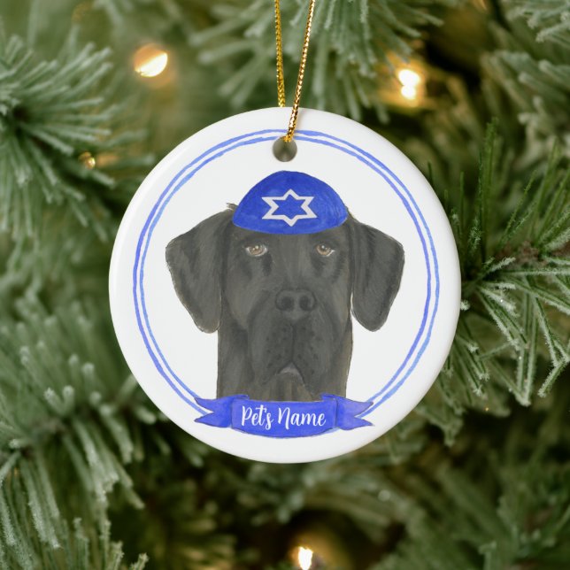 Adorno De Cerámica Personalizado Black Great Dane Dog Hanukkah (Árbol)