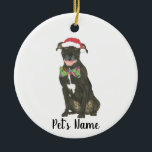 Adorno De Cerámica Personalizado Black Pitbull Staffy Santa Hat Bowti<br><div class="desc">Haz la lista de este año con un adorno de tu elfo pitbull favorito! ¡Para los regalos más dulces, emparejételos con una impresión de arte a la par u otro artículo de mi colección para una casa reflexiva, ducha de novias, profesora, suegra, esposo, novio, santa secreta, simpatía o regalo difícil...</div>