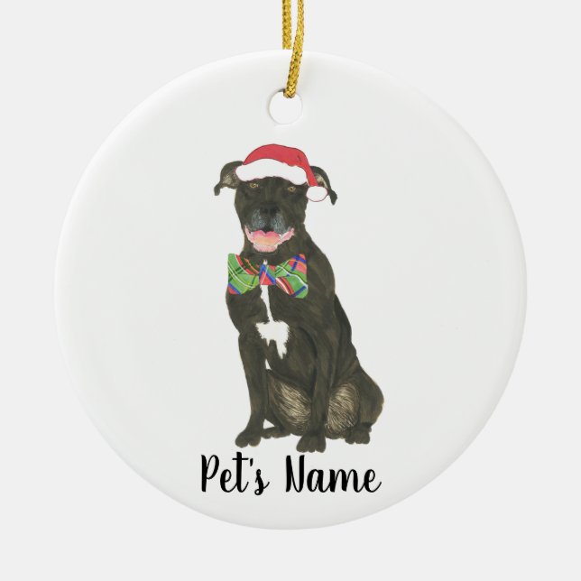 Adorno De Cerámica Personalizado Black Pitbull Staffy Santa Hat Bowti (Frente)