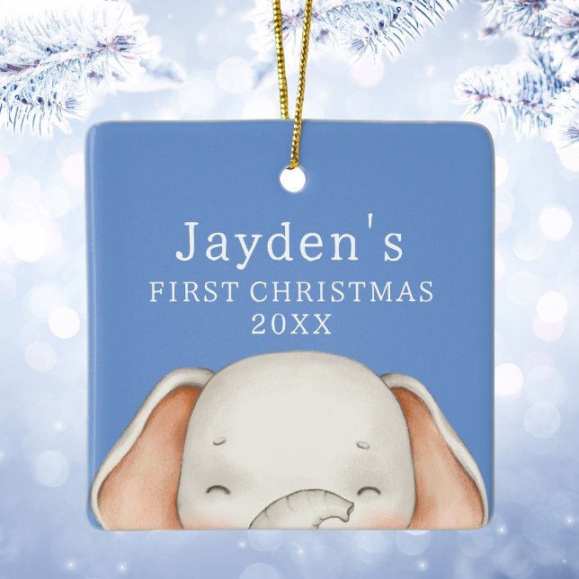 Adorno De Cerámica Personalizado Blue Cute Elephant Baby Boy Primera  (Custom Blue Cute Elephant Baby Boy First Christmas Ceramic Ornament
)