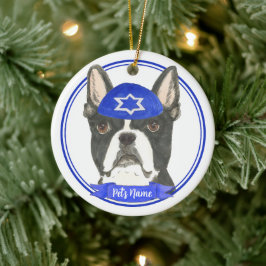 Adorno De Cerámica Personalizado Boston Terrier Hanukkah Yarmulke Blu