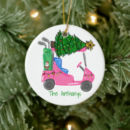Adorno De Cerámica Personalizado Carro de golf rosa Santa Bolsa de go