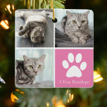 Adorno De Cerámica Personalizado Collage de fotos gato Bonito de dobl<br><div class="desc">Este hermoso adorno navideño de fotos de gatos está personalizado con adorables fotos de tu dulce gatito chica. Personalizar este regalo de moda con tus propias fotografías de felinos personalizados alrededor de una bonito rosa con una linda huella de pata blanca y el nombre de tu gatito en el centro....</div>