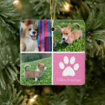Adorno De Cerámica Personalizado Collage de fotos perro Bonito de dob<br><div class="desc">Este hermoso adorno de mascota de cachorros con foto de Navidad está personalizado con adorables fotos de tu dulce perro chica. Personalizar este regalo de moda con tus propias fotos de crías personalizados alrededor de un bonito cuadrado rosa con una linda huella de pata blanca y el nombre de tu...</div>