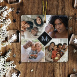 Adorno De Cerámica Personalizado Cuatro Collage de fotos | Monograma<br><div class="desc">Dé el regalo de fotos familiares con este adorno navideño monograma personalizado. Añade fácilmente tus propias fotos a este adorno y agrega tu monograma familiar en azul para una elegante presentación para Navidades. Ideal para abuelos,  hermanos o amigos.</div>