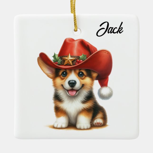 Adorno De Cerámica Personalizado Cute Corgi Vaquero Sombrero de Santa (Anverso)