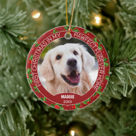 Adorno De Cerámica Personalizado Cute Foto De Cachorro En Green Holly