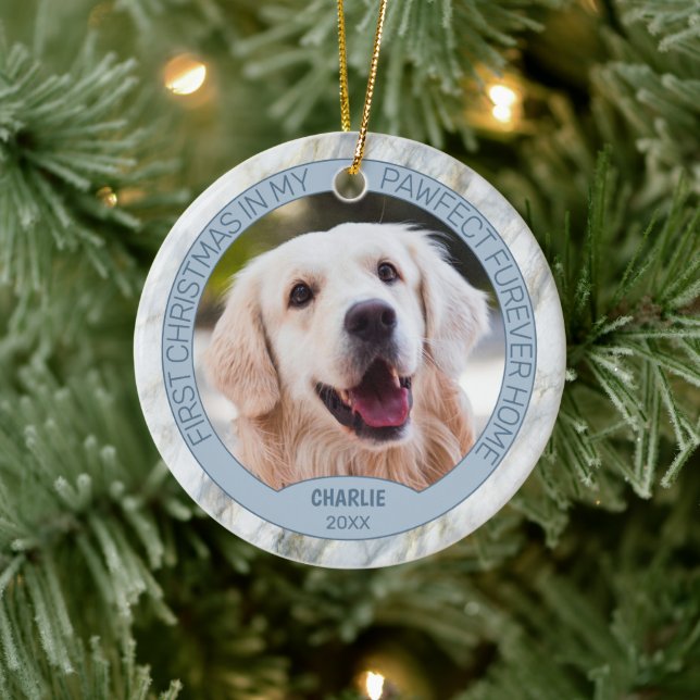 Adorno De Cerámica Personalizado Cute Foto De Cachorro En Mármol Azul (Árbol)