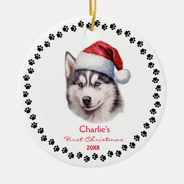 Adorno De Cerámica Personalizado Cute Siberian Husky Dog Santa Hat Pa (Frente)