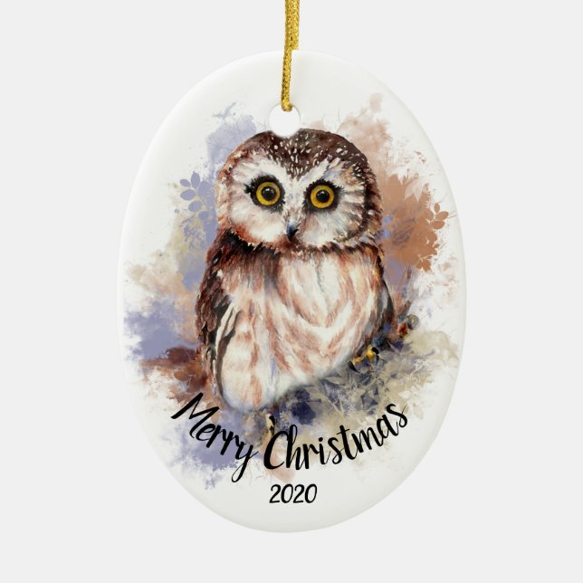 Adorno De Cerámica Personalizado Dated Cute Owl Bird Merry Christmas (Frente)