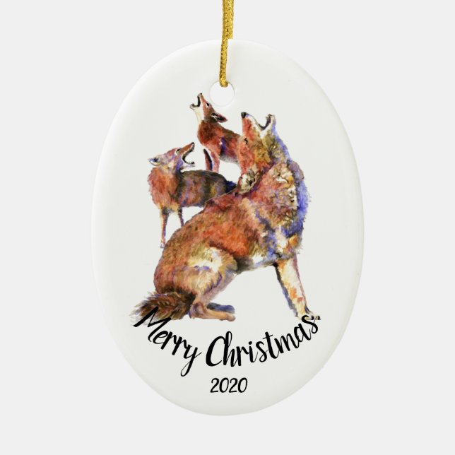 Adorno De Cerámica Personalizado Dated Howling Coyotes Feliz Navidad (Frente)