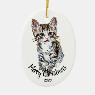 Adorno De Cerámica Personalizado Dated Kitten Cat Animal Feliz Navida