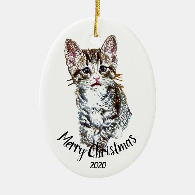 Adorno De Cerámica Personalizado Dated Kitten Cat Animal Feliz Navida (Frente)