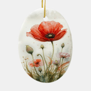 Adorno De Cerámica Personalizado de color de agua rojo amapola flor v