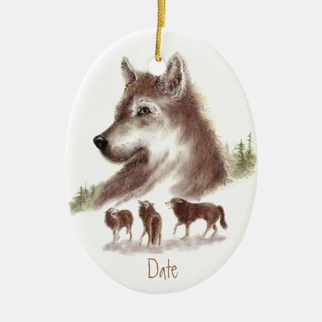 Adorno De Cerámica Personalizado de fecha, acuarela lobos y Wolf Pack (Frente)