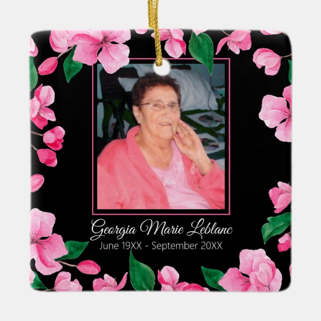 Adorno De Cerámica Personalizado de Flores Rosadas Memorial Keepsake (Anverso)