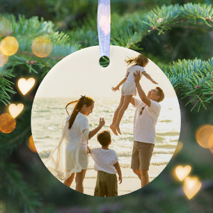 Adorno De Cerámica Personalizado de fotos navideñas con guión dorado