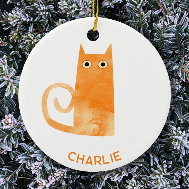 Adorno De Cerámica Personalizado de gato naranja (Fun watercolor Orange Ginger Cat personalized ceramic ornament)