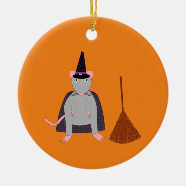 Adorno De Cerámica Personalizado de Halloween Witch Rat and Broom (Frente)