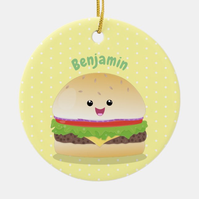 Adorno De Cerámica Personalizado de hamburguesa kawaii feliz (Frente)