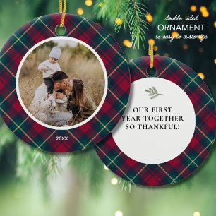 Adorno De Cerámica Personalizado de la familia Red Plaid Foto Texto Á