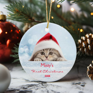 Adorno De Cerámica Personalizado de la ruta de Santa Hat Fold Cat San