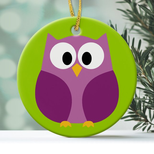Adorno De Cerámica Personalizado de Lechuza Cuta - púrpura y verde (Personalized Ornament - Owl)