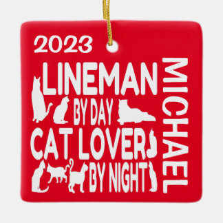 Adorno De Cerámica Personalizado de Lineman ama a los gatos