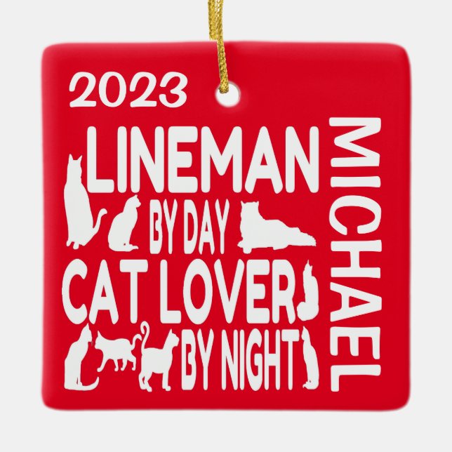 Adorno De Cerámica Personalizado de Lineman ama a los gatos (Anverso)