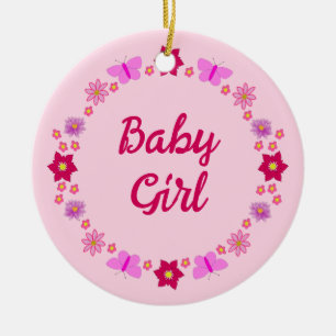 Adorno De Cerámica Personalizado de mariposas y flores para bebé rosa