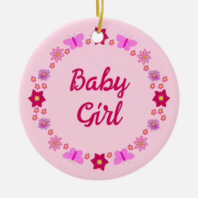 Adorno De Cerámica Personalizado de mariposas y flores para bebé rosa (Frente)