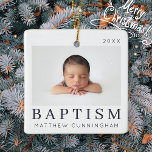 Adorno De Cerámica Personalizado de Moda moderna simple bautismo foto<br><div class="desc">El diseño está compuesto por una tipografía moderna de moda con fuentes sans serif y serif. Añadir una foto personalizado del bebé y del año.</div>
