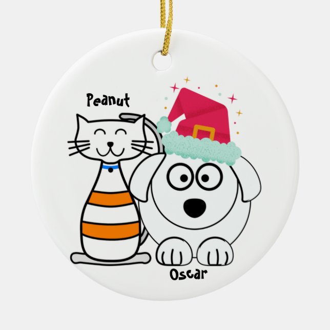 Adorno De Cerámica Personalizado de Navidades de gato y perro (Frente)