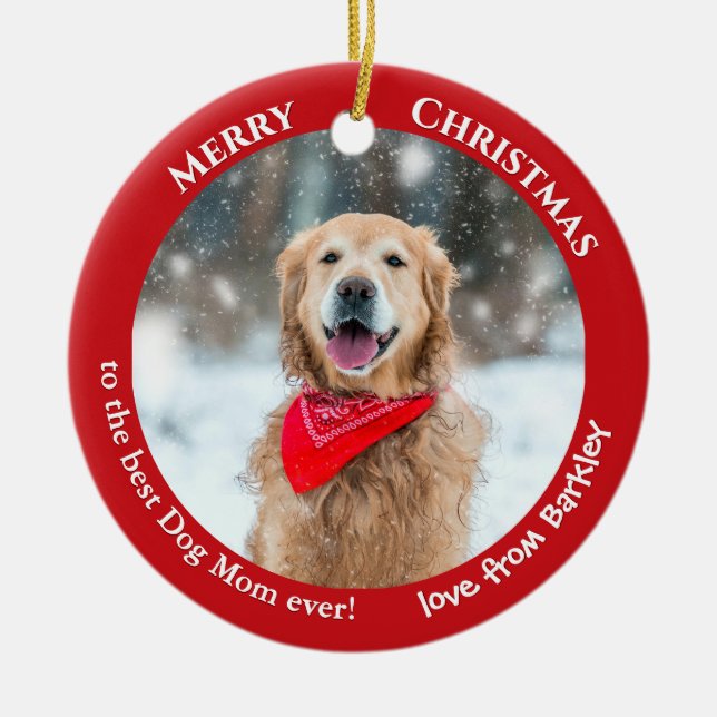Adorno De Cerámica Personalizado de Perro Mamá Foto Navidades Rojos (Frente)