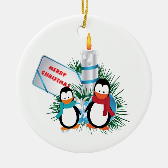 Adorno De Cerámica Personalizado de pingüinos y Navidades de velas (Frente)