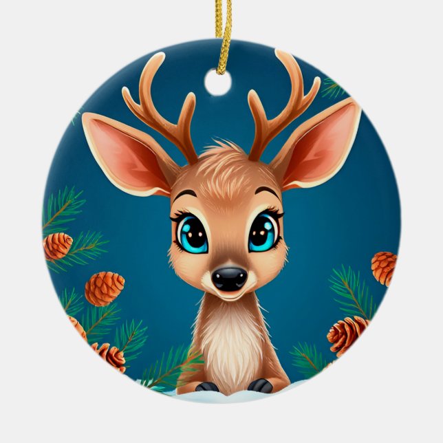 Adorno De Cerámica Personalizado de reno en invierno con conos de pin (Frente)