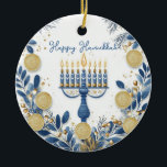Adorno De Cerámica Personalizado de texto Festival de Armonía de Luce<br><div class="desc">Este exquisito ornamento cerámico de Hanukkah, llamado "Festival de la Armonía de las Luces", es un complemento perfecto para su decoración de vacaciones. La Estrella de David, muy bien elaborada, presenta un estilo de cristal manchado con ricos tonos azules, dorados y marrones, creando un elegante efecto mosaico. En el centro,...</div>