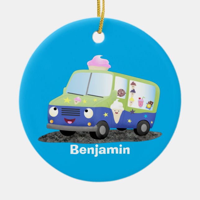 Adorno De Cerámica Personalizado de un camión de helados alegre (Frente)