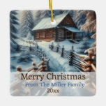 Adorno De Cerámica Personalizado de Winter Log Cabin en un Navidad en<br><div class="desc">Nombre familiar personalizado Ornamentos navideños. Una acuarela de bonito,  un arte que representa una cabaña de troncos en los bosques nevados.</div>
