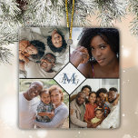 Adorno De Cerámica Personalizado DIY Cuatro Collages de fotos | Monog<br><div class="desc">Fotos familiares con adornos navideños monográficos personalizados hacen grandes regalos de keepsake. Añade fácilmente tus propias fotos a este adorno y agrega tu monograma familiar en azul para una elegante presentación para Navidades. Ideal para abuelos,  hermanos o amigos.</div>
