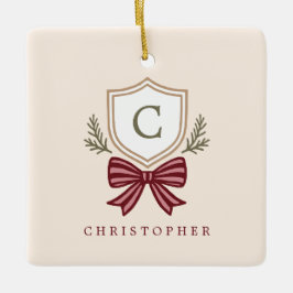 Adorno De Cerámica Personalizado Escudo Monograma Bow Navidades